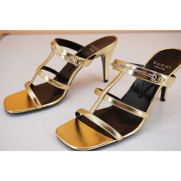 Gucci Divine Gold Silver Strappy Metallic Sandals Size 37 NIB $920 Logo Bit Cage - Picture 9 of 12